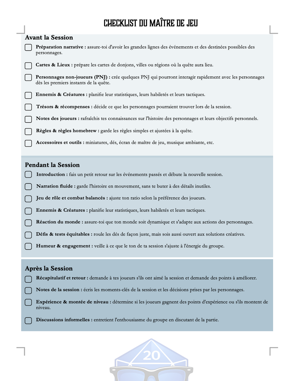 Checklist du Maître de jeu